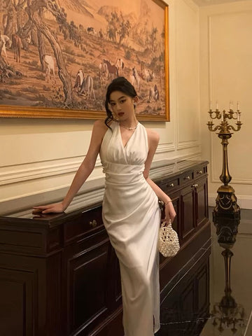 Sheath V Neckline Sleeveless Date Night Dress White Prom Dresses Birthday Party Outfit SD887